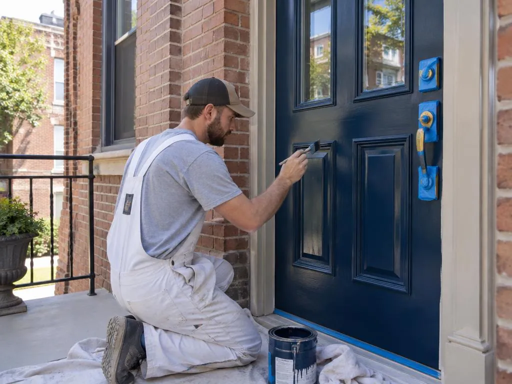 Front door of a Chicago brick home being hand-painted with hardware taped off