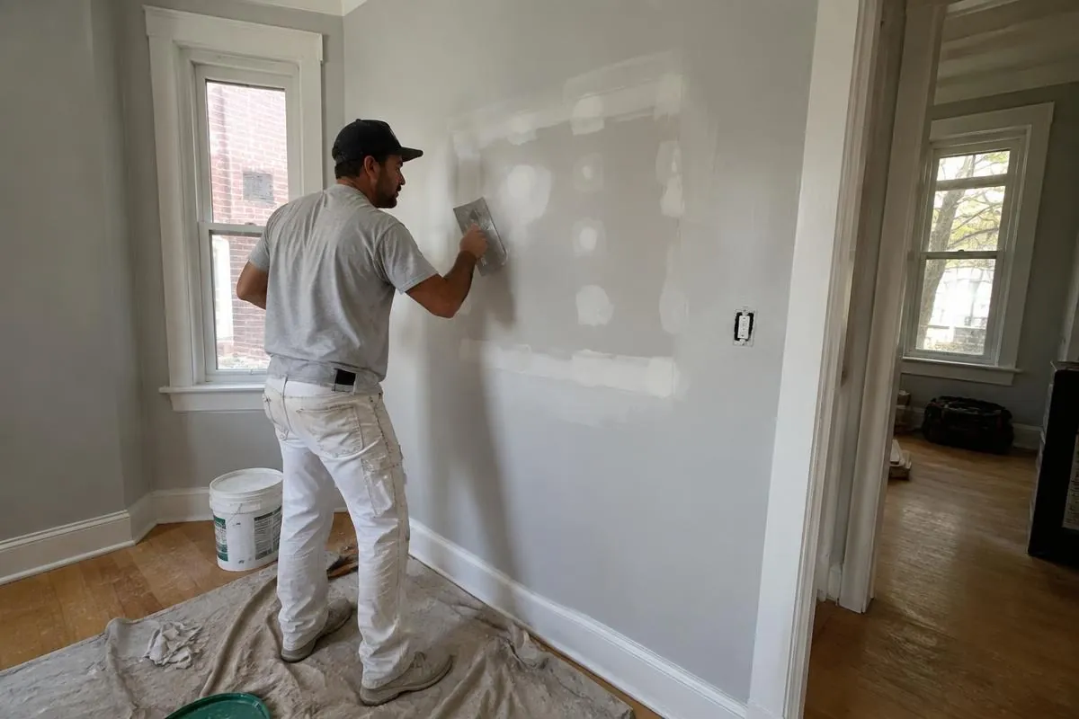 Painter skim-coating a repaired drywall section in a Chicago home