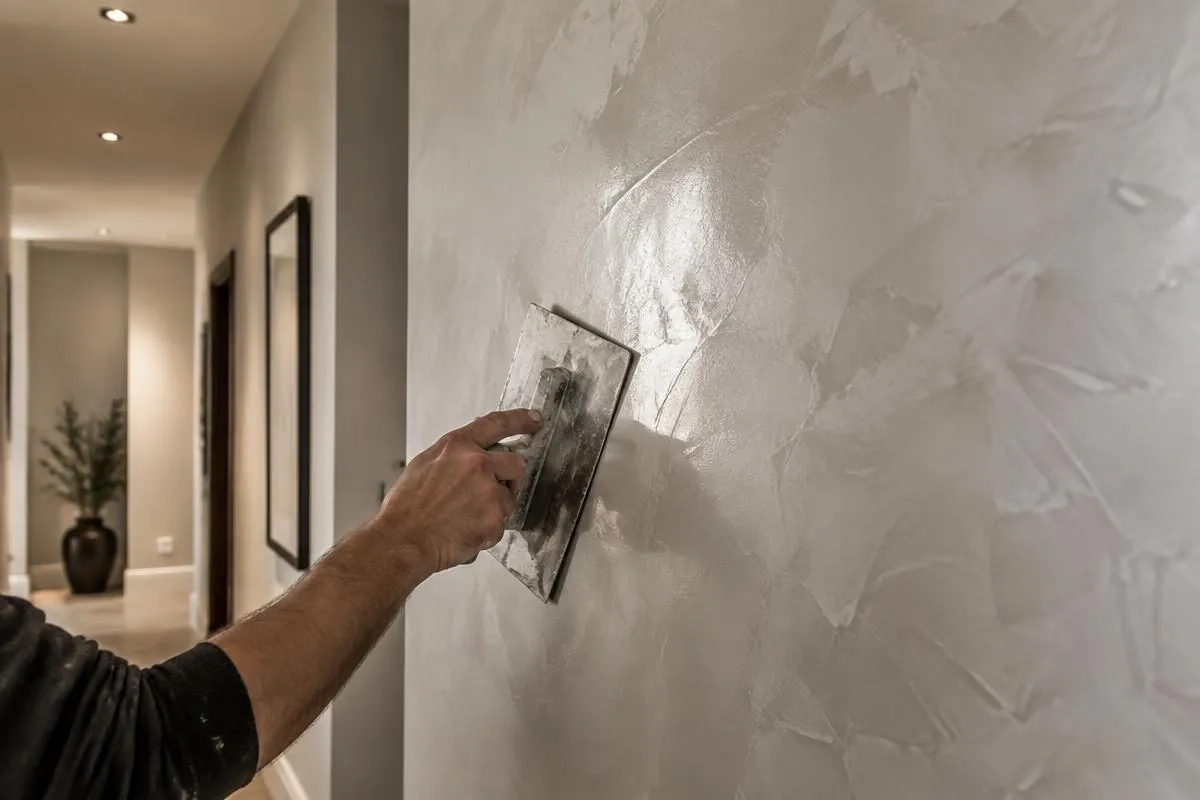 Hand troweling a pearl Venetian plaster feature wall in a hallway