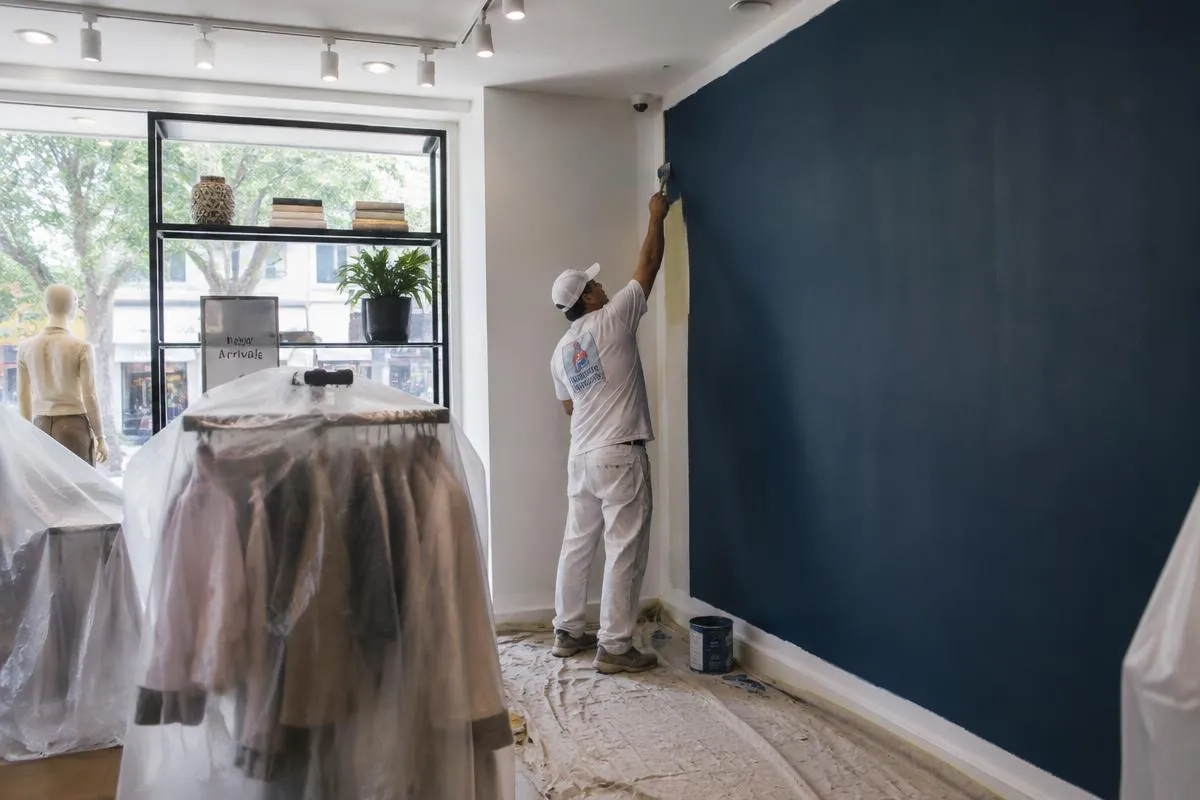 Retail boutique being repainted with a deep navy accent wall, racks protected