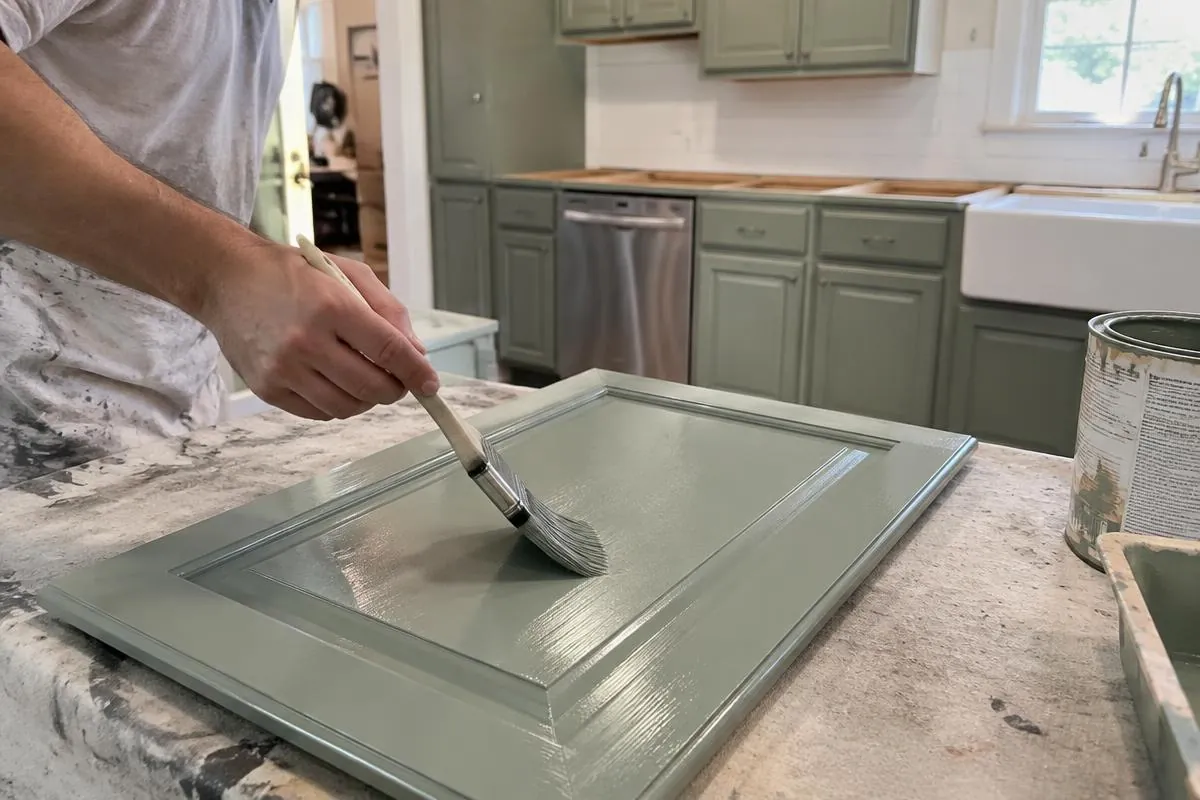 Cabinet door being hand-brushed with a smooth sage green finish