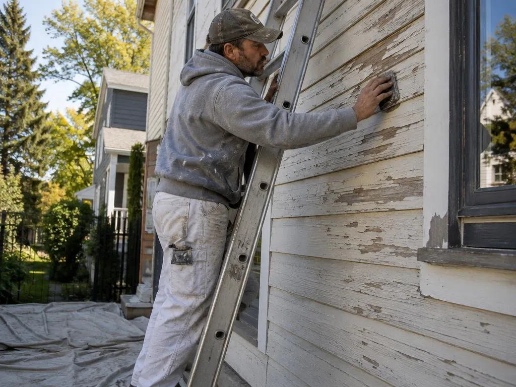 Painter scraping and sanding weathered wood siding on a two-story home