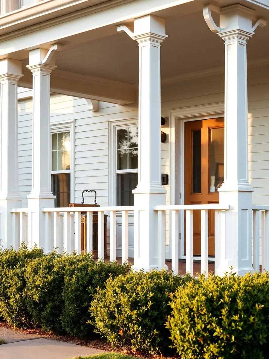 Freshly painted white porch columns and railing