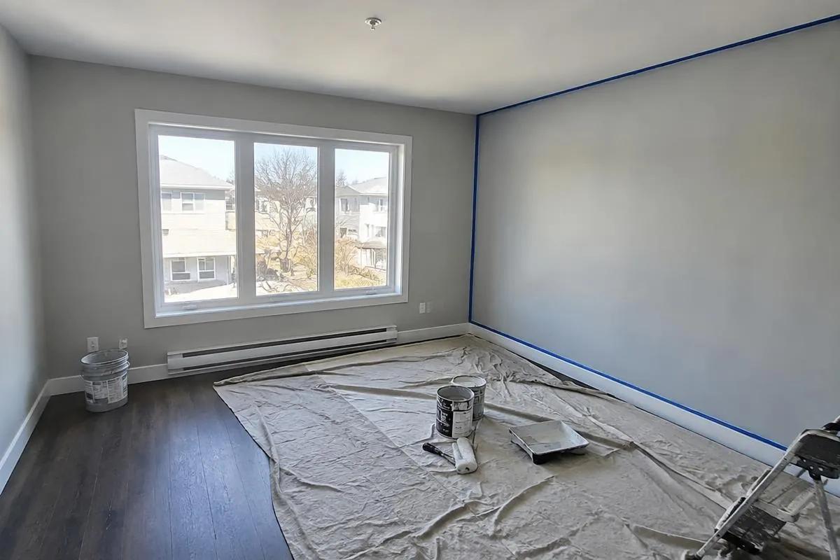 Empty rental unit mid-repaint with fresh grey walls and protected floors