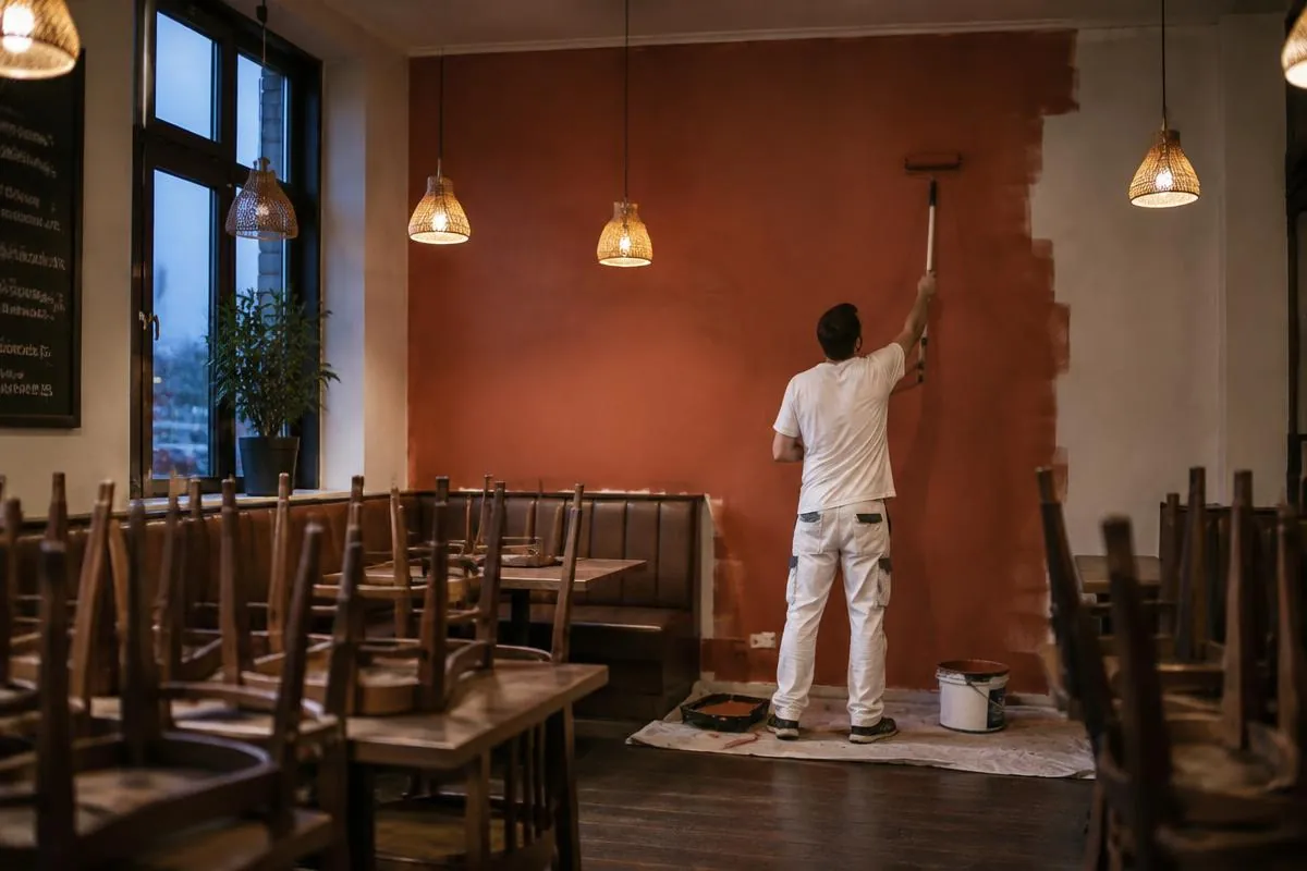 Restaurant dining room being repainted after hours with a warm accent wall