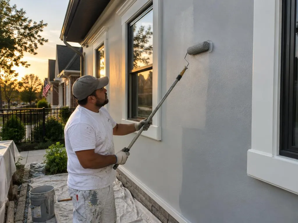 Final coat of fresh exterior paint rolled onto a prepped home wall