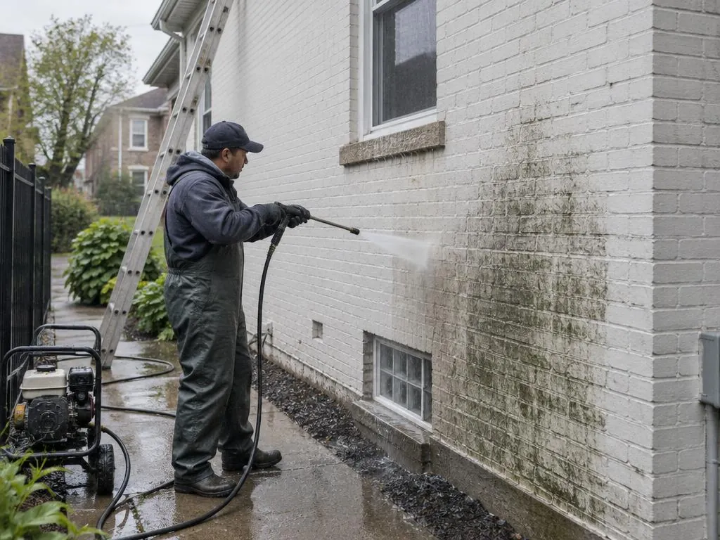 Exterior masonry wall being pressure-washed clean before repainting