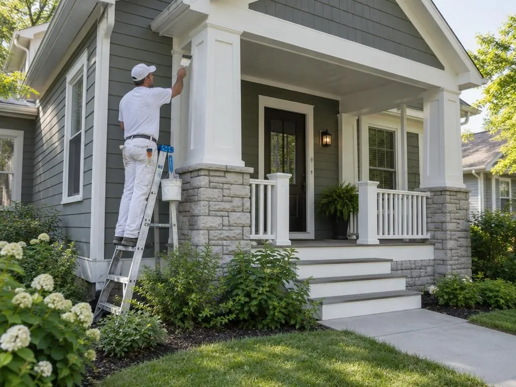 Painter finishing the white porch trim and columns of a home exterior