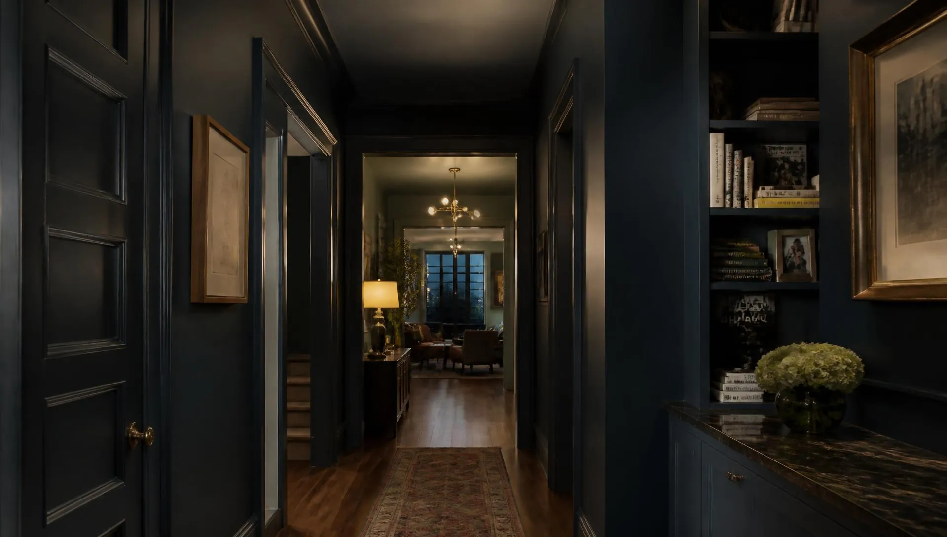 Elegant Chicago home hallway painted in deep navy at dusk