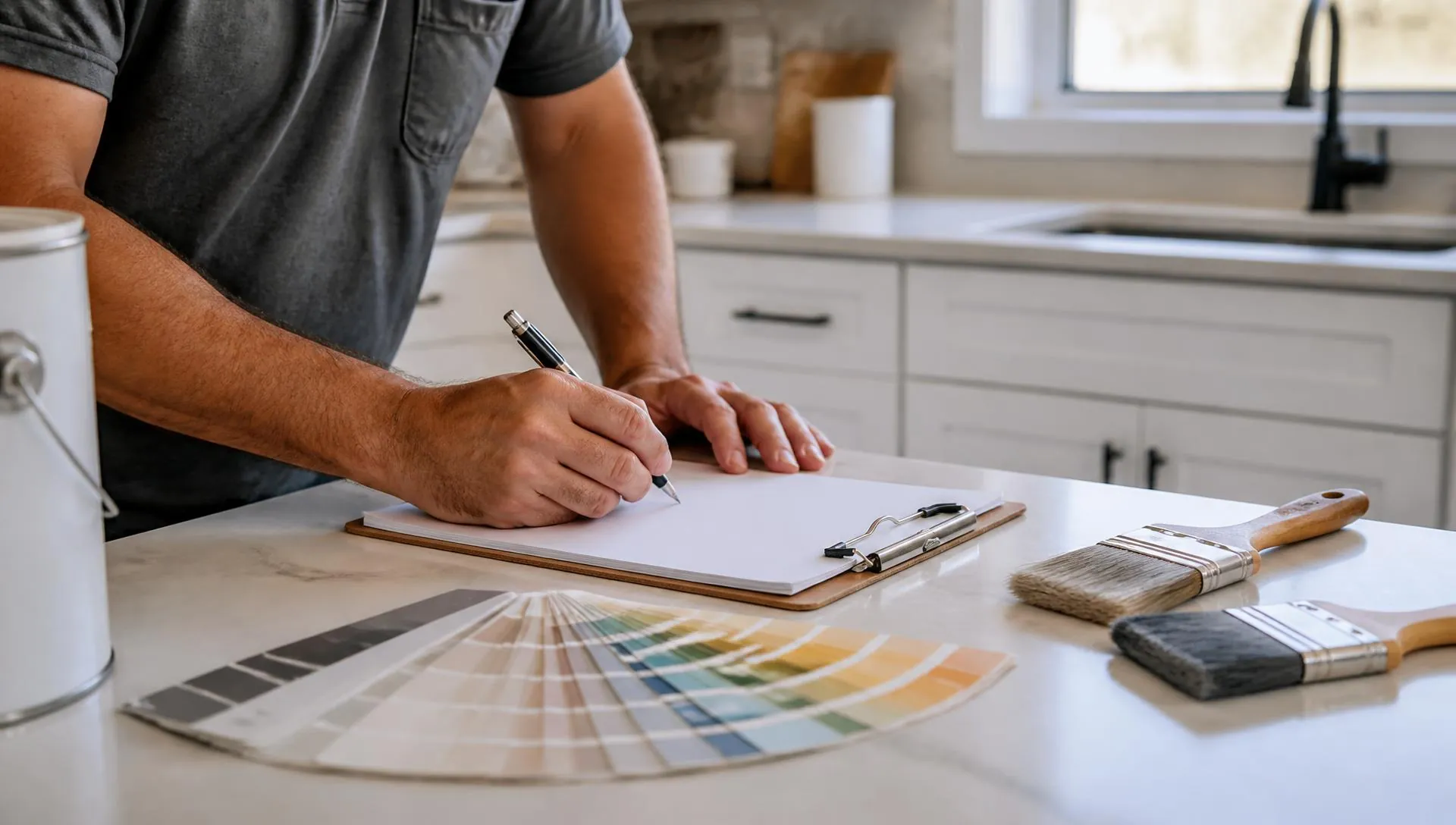 Contractor writing a painting estimate beside brushes and a color fan deck